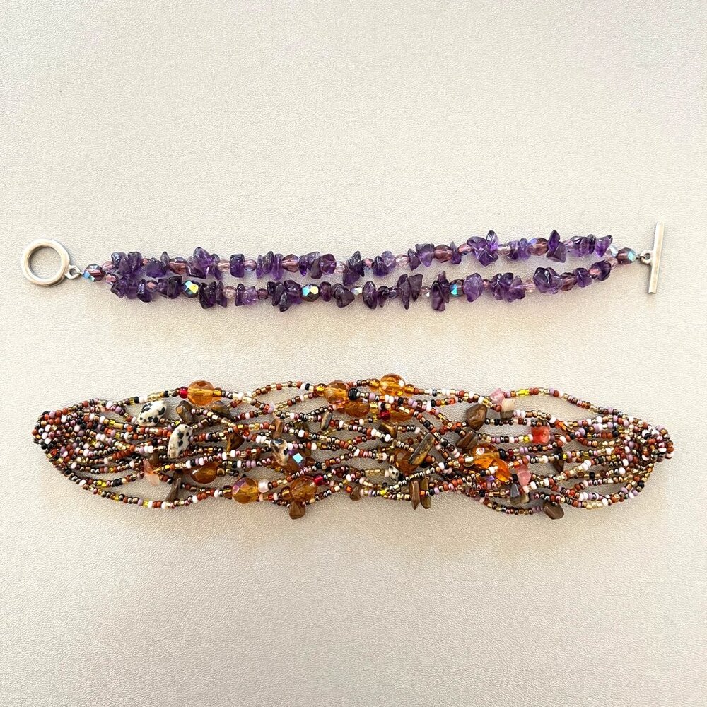 Boho Chic Artisan Handmade Beaded Bracelets Purple Amethyst Brown Gem Bead Glass